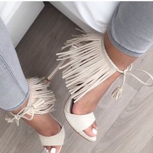 Zara Fringed Cream Suede Heel Sandals